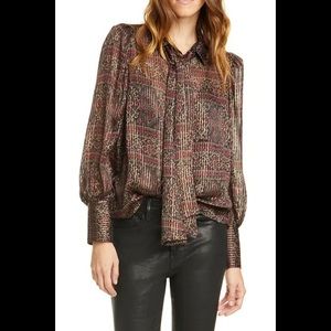 Frame Metallic Silk Blouse In Deep Moss Multi